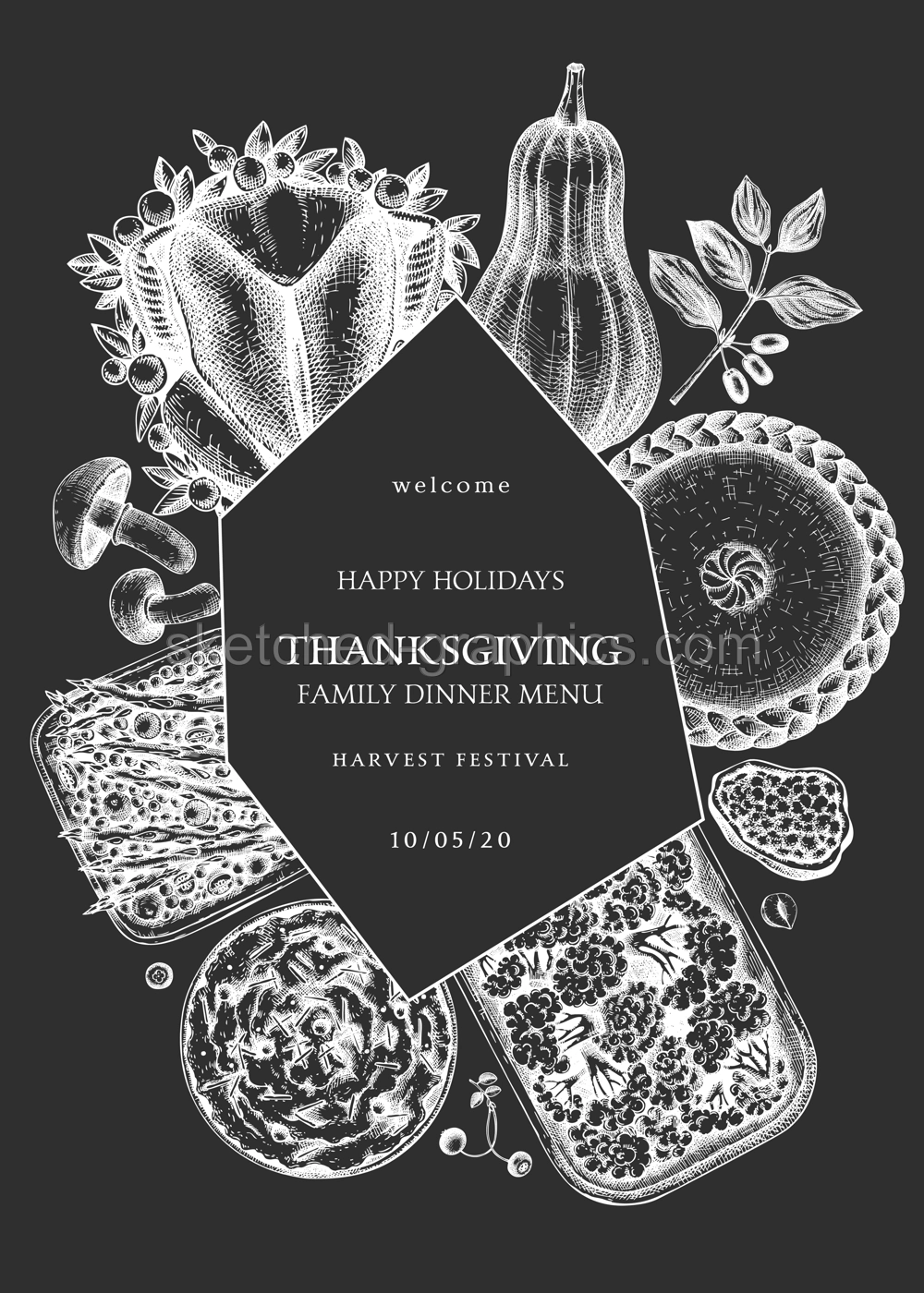 Thanksgiving day dinner menu design ion chalkboard. With roasted turkey, cooked vegetables, rolled meat, baking cakes and pies sketches. Vintage autumn food wreath. Vector Thanksgiving day background. Illustration